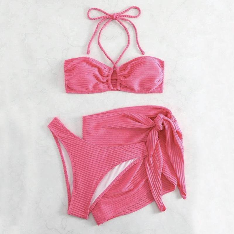 3pcs Solid Color Stripe Swimsuit Sexy Summer Beach Bikini Set Womens Clothing - Clothing Personality