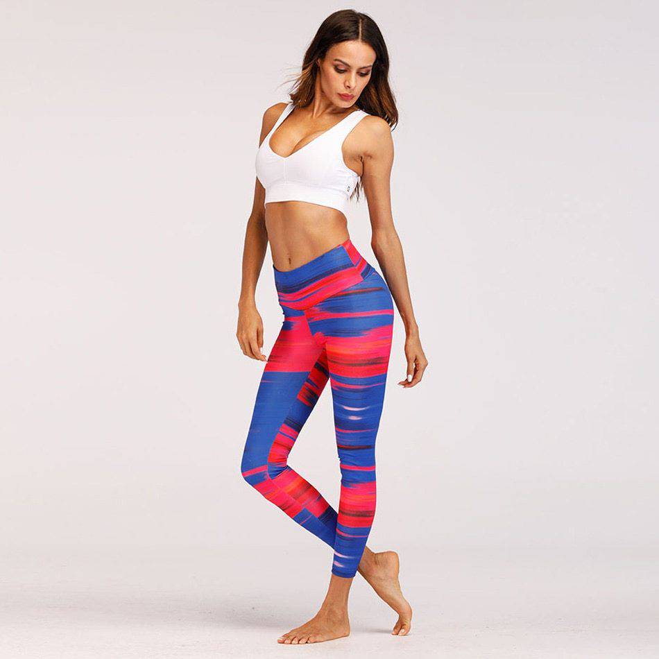 Blue&Red Digital Print yoga pants High waist Contrast color athletic leggings big booty sexy yoga legging running tight - Clothing Personality