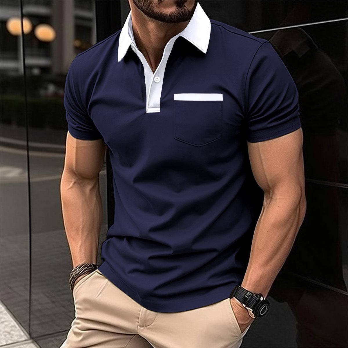 Men's Lapel Fashion Slim Pocket Short-sleeved T-shirt Polo Shirt - Clothing Personality