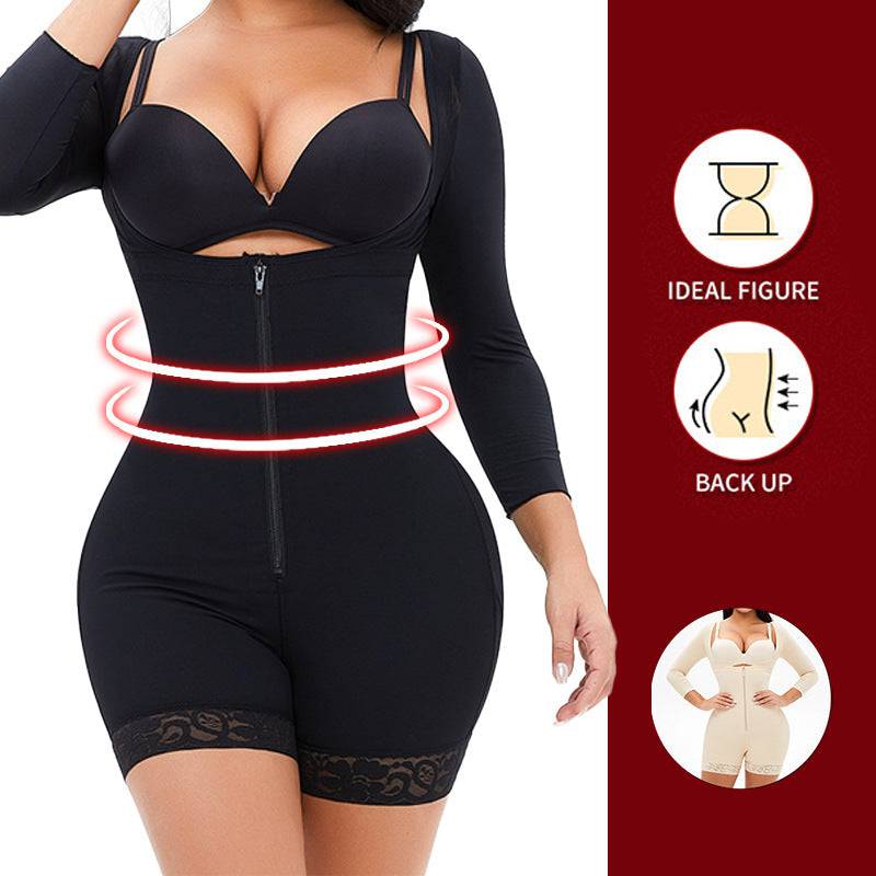 Plus-size Breasted Shapebody Onesie High Waist Long Sleeve Shorts - Clothing Personality