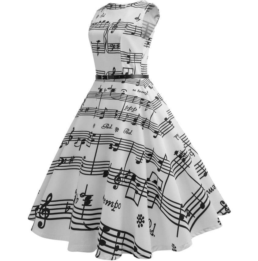 Women's Musical Print Retro Knee Length Sleeveless Dress - Clothing Personality
