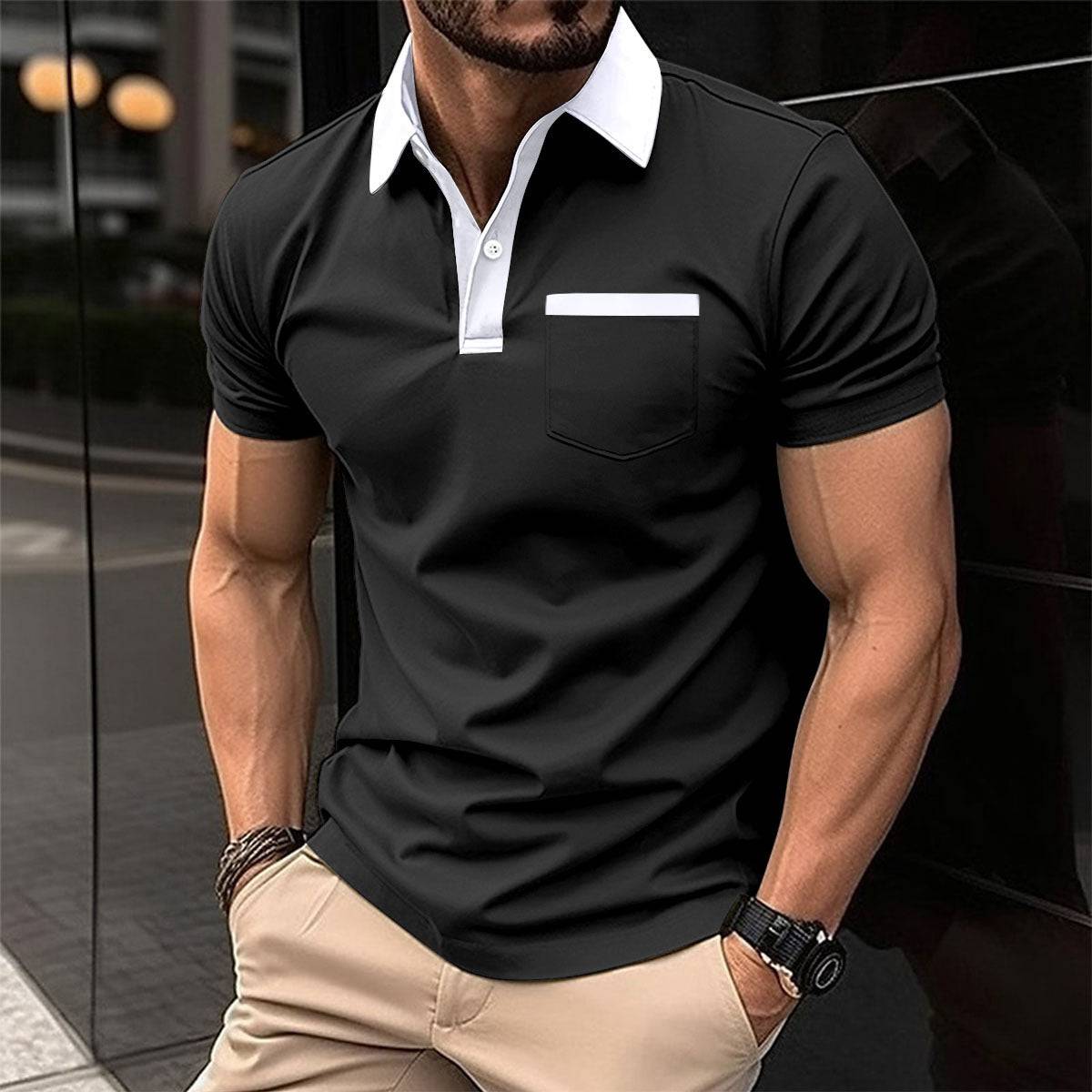 Men's Lapel Fashion Slim Pocket Short-sleeved T-shirt Polo Shirt - Clothing Personality