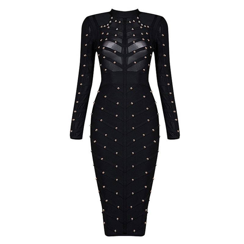 Women's Beaded Mesh Long Sleeve Dress - Clothing Personality