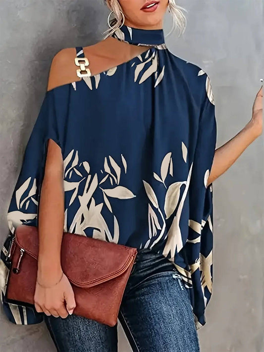 Leaves Print One Shoulder Blouse, Elegant Chain Strap Mock Neck Short Sleeve Blouse For Spring & Summer, Women's Clothing - Clothing Personality