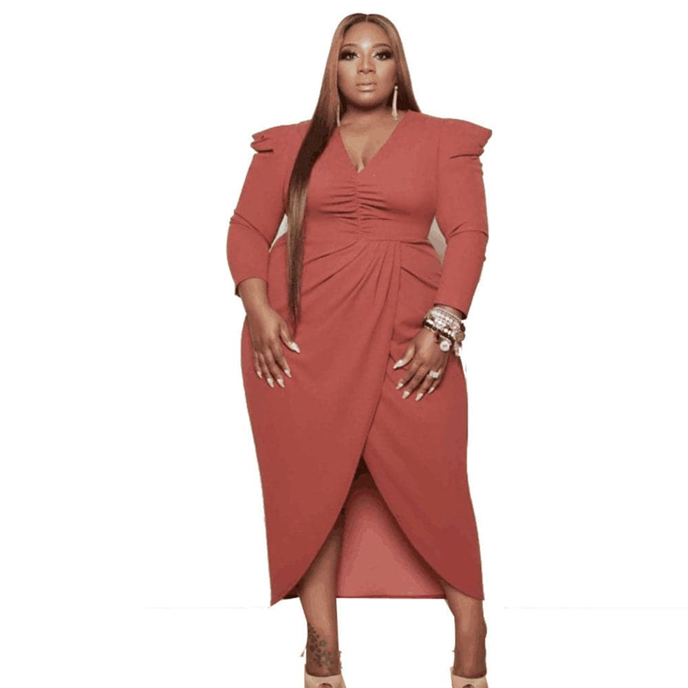 Women's Plus Size Fall V-neck Irregular Long Sleeve Dress - Clothing Personality