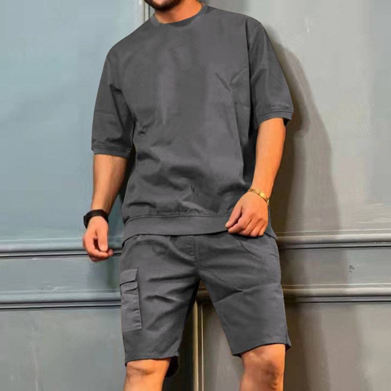 Men's Sports Suits Summer Round Neck Short-sleeved Top And Multi-pocket Shorts Casual Trendy 2pcs Set Clothing - Clothing Personality