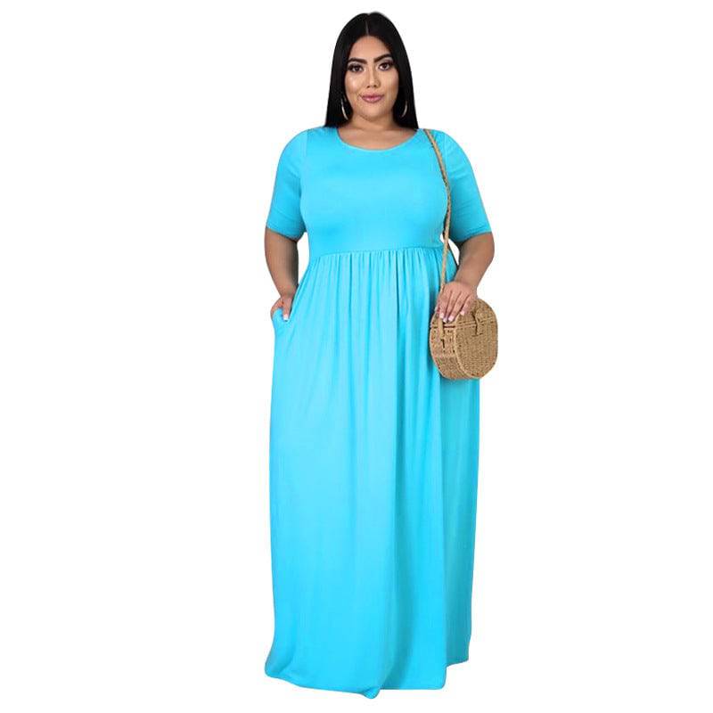 Net color pleated big swing short sleeve long large size dress - Clothing Personality