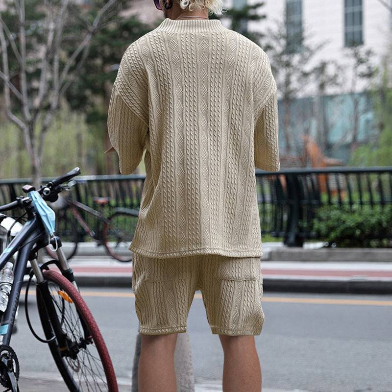 Casual Jacquard Suits Summer V-neck Short-sleeved T-shirt And Drawstring Pocket Shorts Fashion 2pcs Set Mens Clothing - Clothing Personality