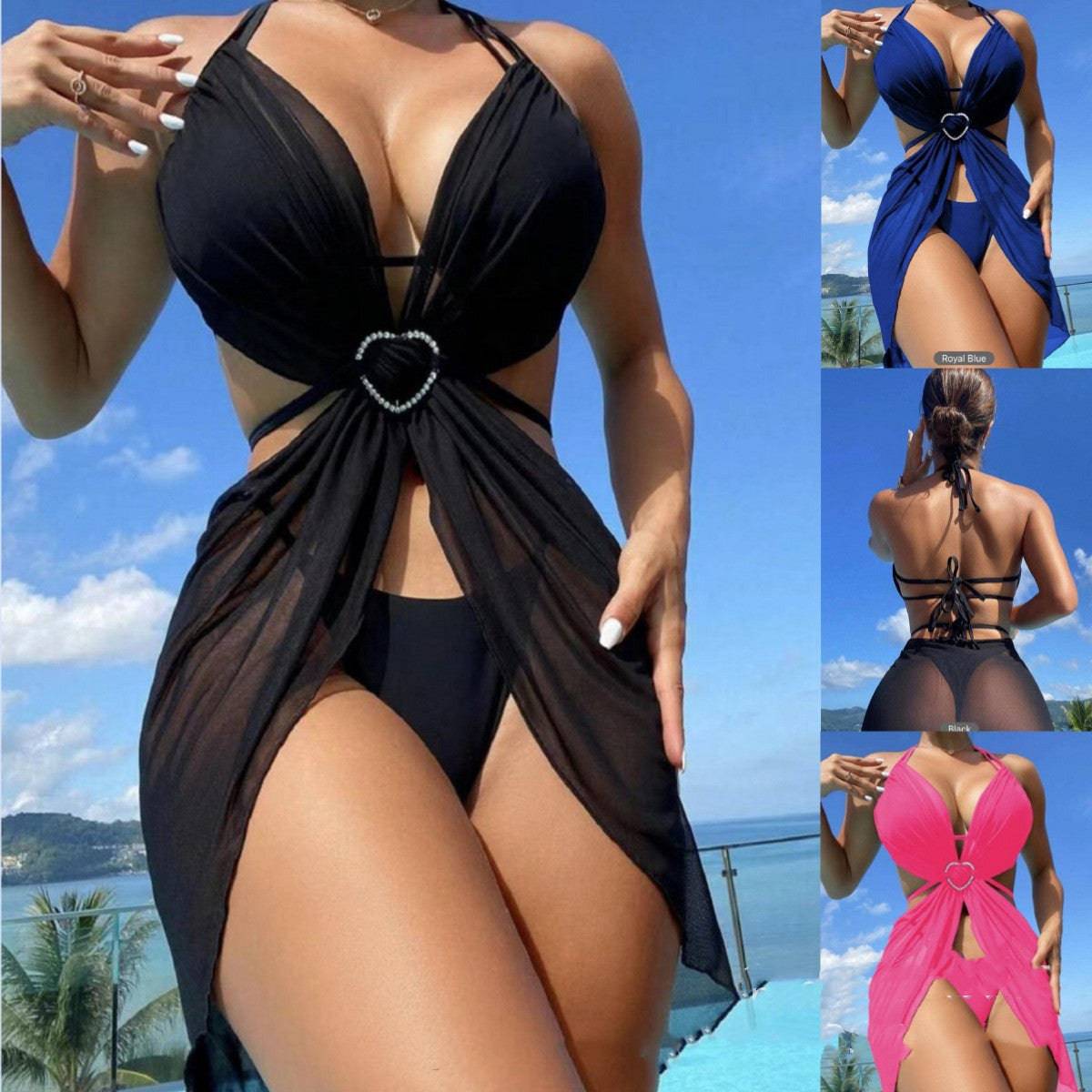 3pcs Halter Neck Bikini Beach Summer Solid Color Split Swimsuit Womens Clothing - Clothing Personality