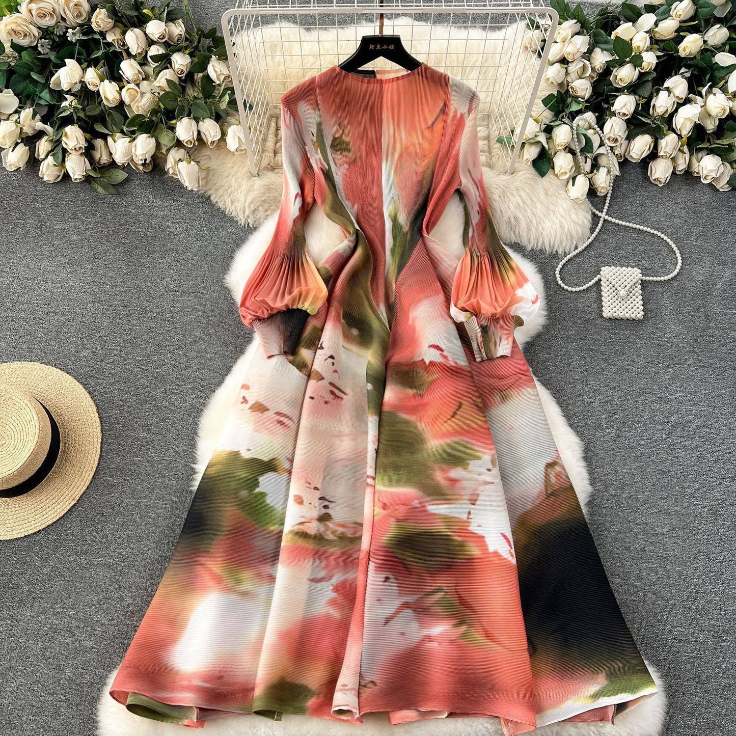 Elegant Design Printed Long Sleeve Cinched Plus Size Dress - Clothing Personality