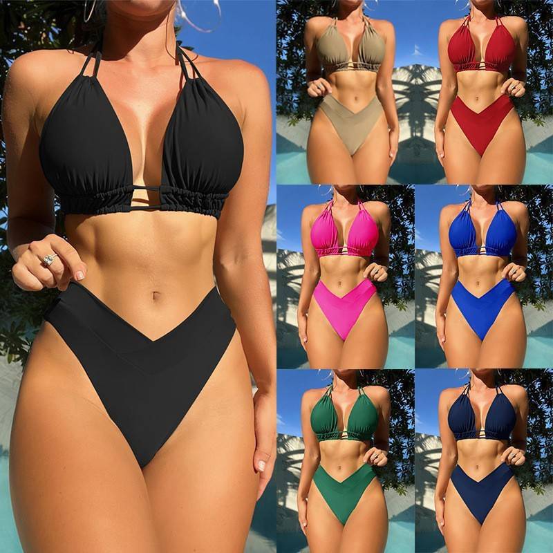 Women's Fission High Elastic Pure Color Bikini Swimsuit - Clothing Personality