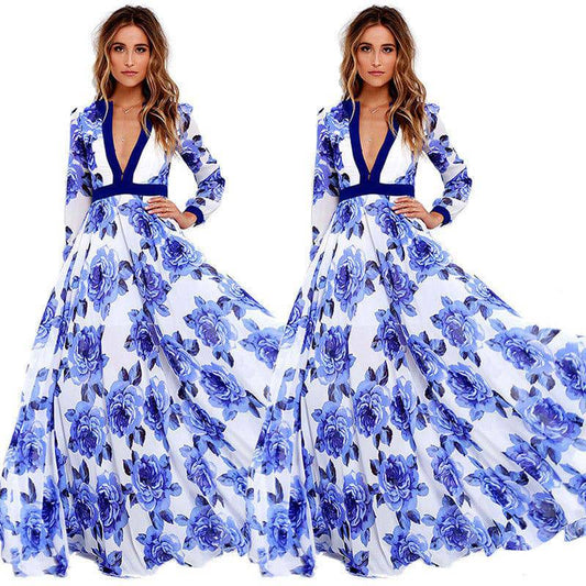 Women's Long Sleeve Maxi A-line Flower Dress - Clothing Personality