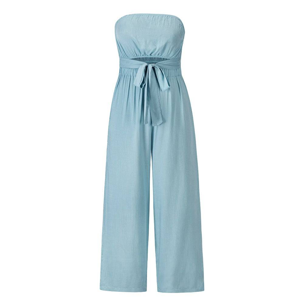 Women's New Tube Top Off-Shoulder Sleeveless Belted Cut Out Waist Loose Fit Pants Casual Fashion Jumpsuit - Clothing Personality