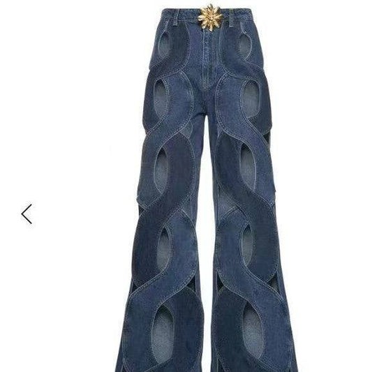 Women Streetwear Cutout Hollow Out Criss Cross Straight Flare Denim Pants - Clothing Personality