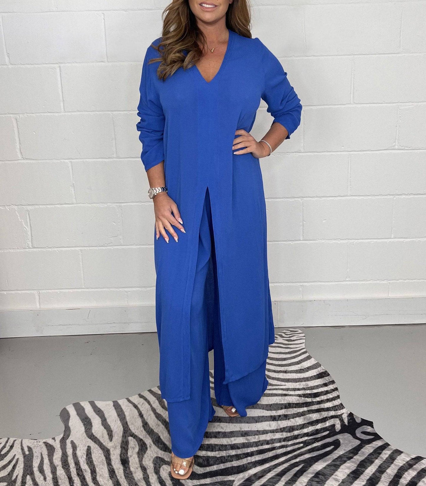 Women's Fashion Simple Solid Color Long Top Long Pants Set - Clothing Personality