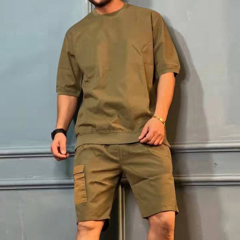 Men's Sports Suits Summer Round Neck Short-sleeved Top And Multi-pocket Shorts Casual Trendy 2pcs Set Clothing - Clothing Personality