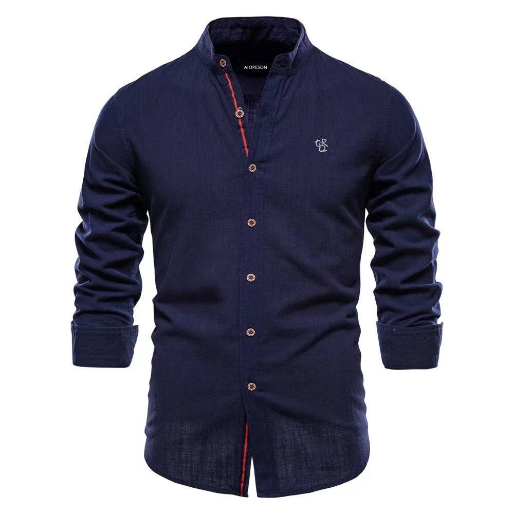 Men's Cotton And Linen Casual Fashion Solid Color Long Sleeve Henley Shirt - Clothing Personality
