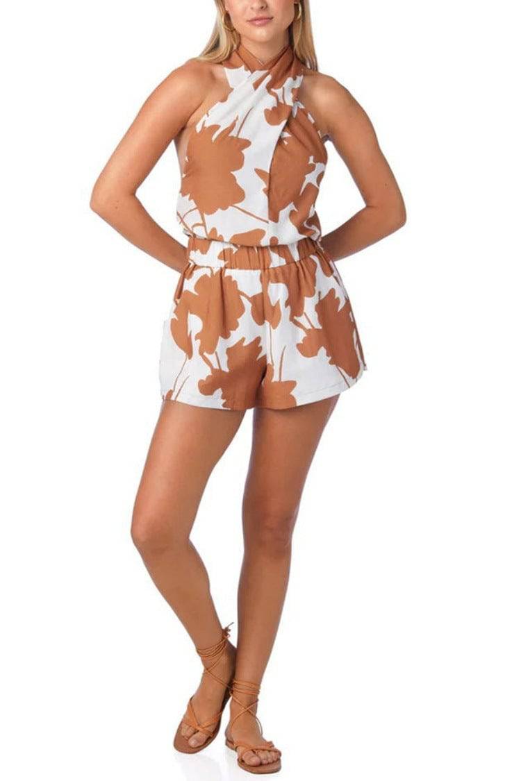 Printed Lace Up Backless Top Pocket Shorts Two-piece Shorts Set Suit For Women - Clothing Personality