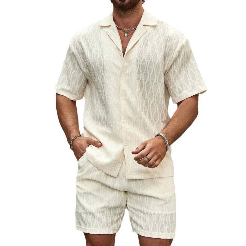 Men Tracksuits Summer Fashion Solid Loose Casual Two Pieces Lapel Button Shirt Shorts Beach Holiday All-match Outfits Male - Clothing Personality