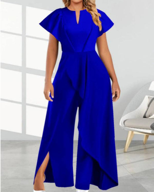Women's V-neck Split Leg Asymmetrical Flowy Wide-leg Jumpsuit Romper - Clothing Personality