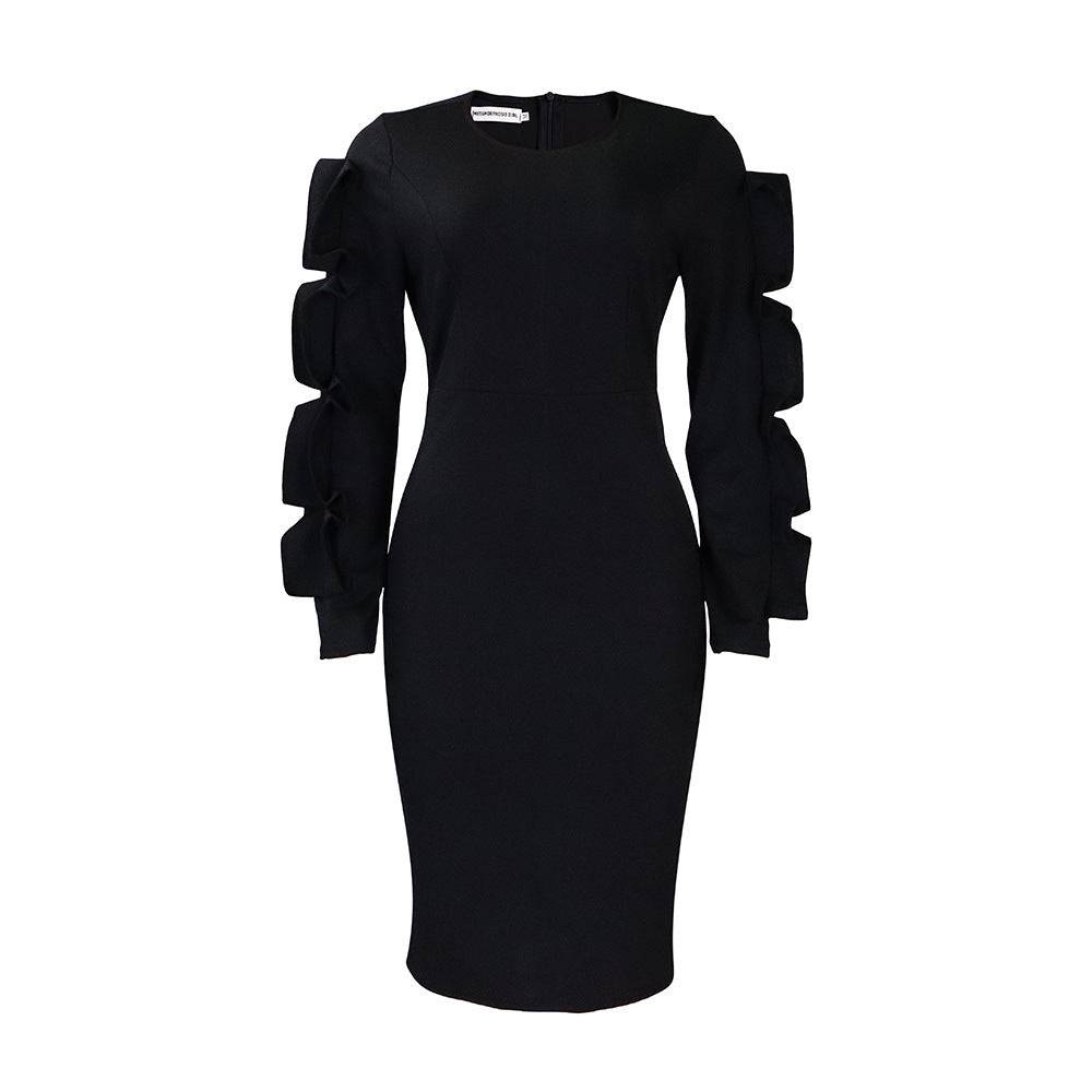 Women's Cut Out Hollow Sleeve Ol Elegant Dress Plus Size Long Sleeve Dress - Clothing Personality