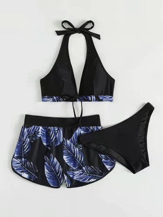3pcs Leaf Print Bikini With Shorts Fashion Summer Beach Swimsuit Womens Clothing - Clothing Personality