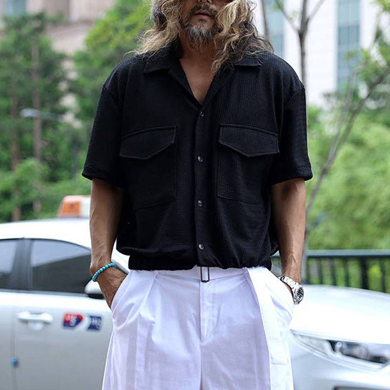 Men's Cropped Front Pocket Button Up Casual Tunic Textured Shirt Spring - Clothing Personality