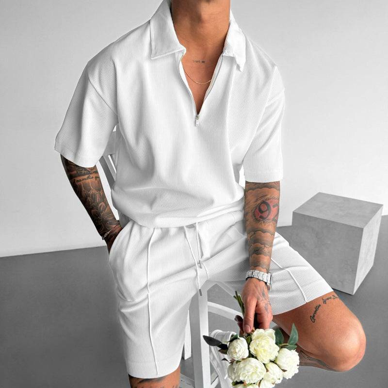 Spring Summer Fashion Men's Clothing Men's Chino Shorts Suit New Zipper Polo Casual Short Sleeve Shirt Drawstring Shorts Men's Set - Clothing Personality