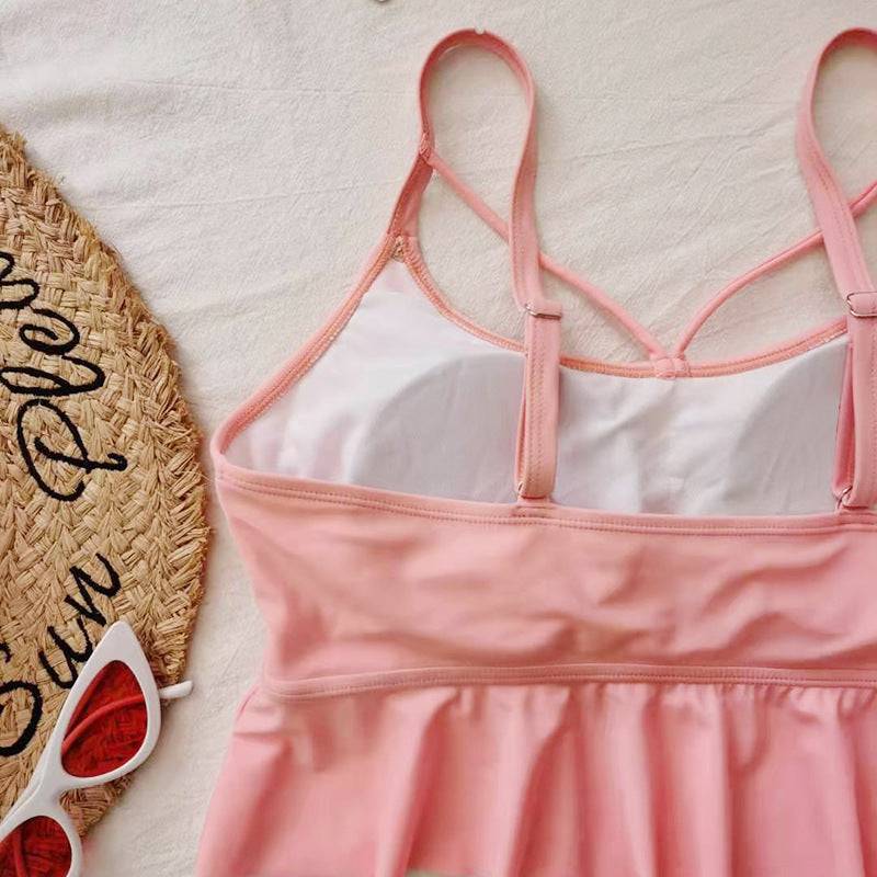 Swimsuit Women's Triangle High Waist Printed Solid Color Tankini Swimsuit - Clothing Personality