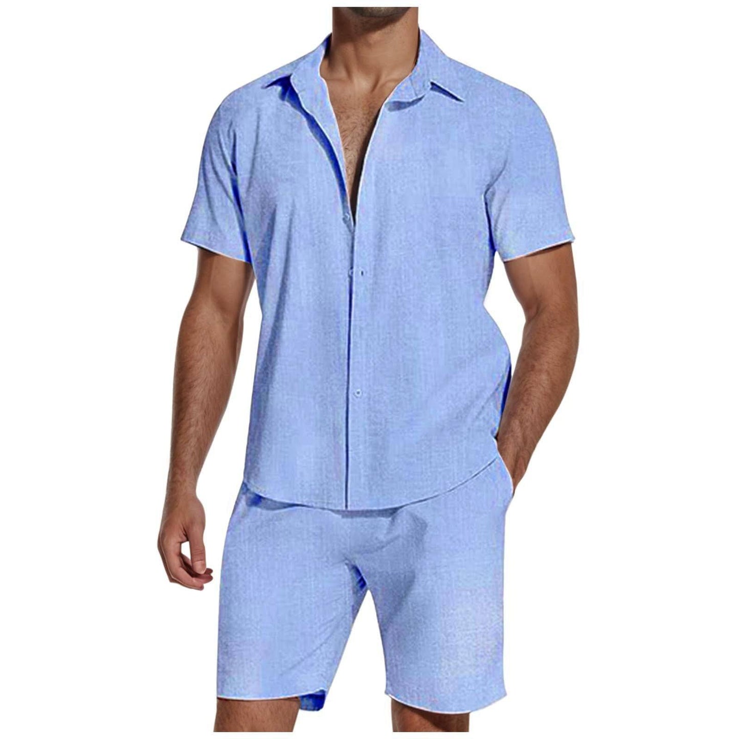 Short Sleeve Lapel Linen Shirt and Shorts Set Men - Clothing Personality