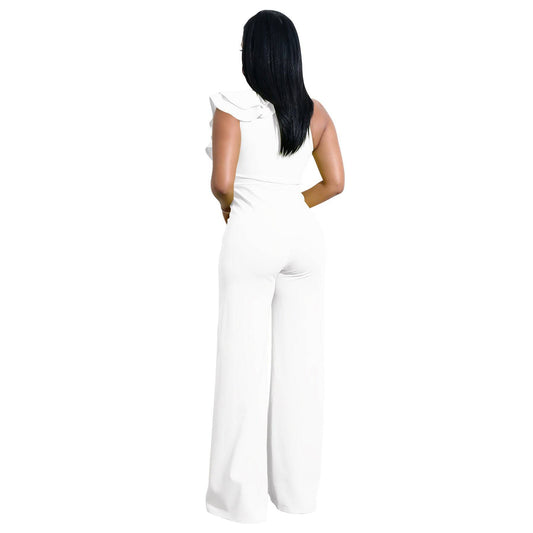 Women's Sexy One Spaghetti Strap Ruffle Shoulder Asymmetric Shoulder Loose Fit Pants Jumpsuit Back View Clothing Personality