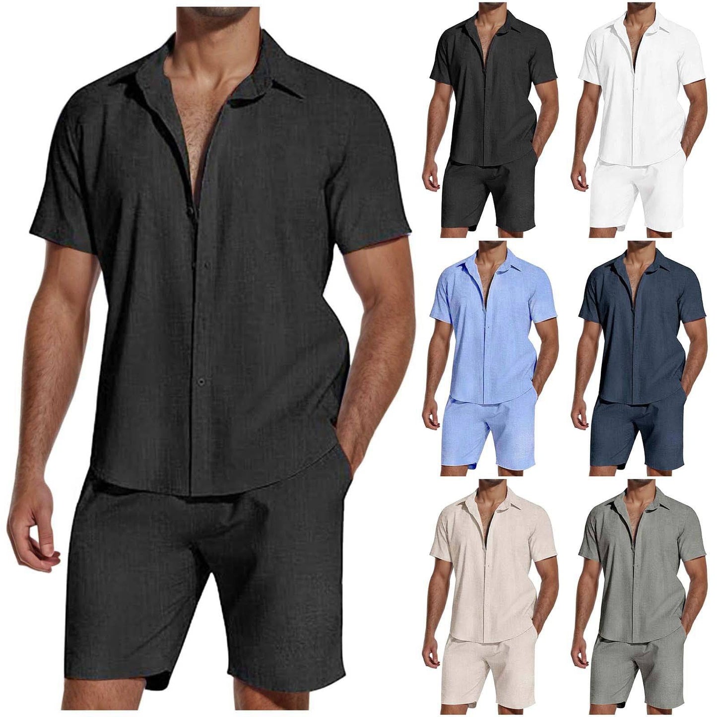 Short Sleeve Lapel Linen Shirt and Shorts Set Men - Clothing Personality