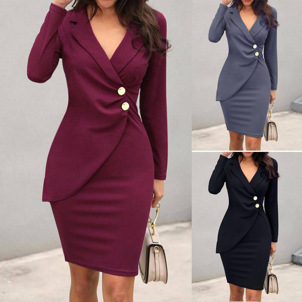 Long sleeve button hip dress - Clothing Personality