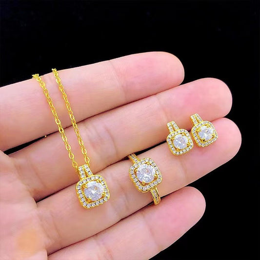 Fashion Jewelry Set Zircon Gem Pendant Chain Choker Necklace For Women Gold Color Stud Earring Statement Wedding Ring - Clothing Personality