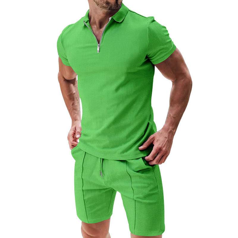2Pcs Casual Waffle Suit Summer Zipper Lapel Short-sleeved Top And Drawstring Pockets Shorts Versatile Solid Color T-shirt Set For Mens Clothing Green