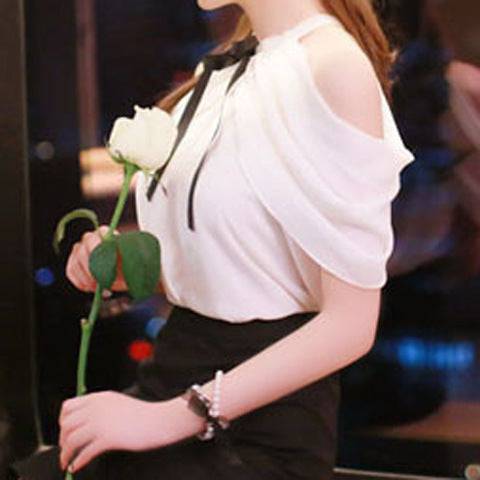 White Shirt Women Sexy Off Shoulder Top Slash Neck Slim Wrap See Through Chiffon Blouse - Clothing Personality