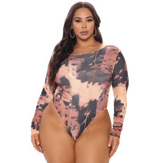 Women's Swimwear Round Neck Print Long Sleeves Plus Size Swimsuit - Clothing Personality