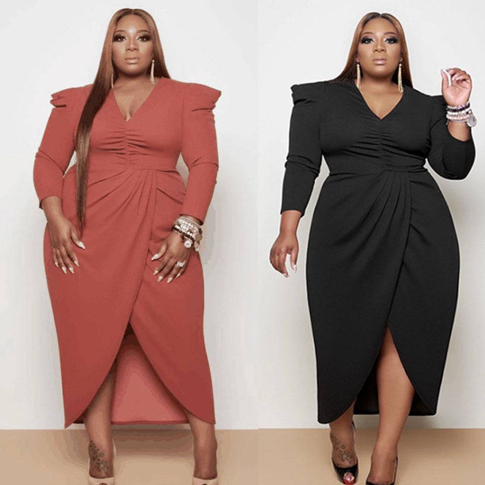 Women's Plus Size Fall V-neck Irregular Long Sleeve Dress - Clothing Personality