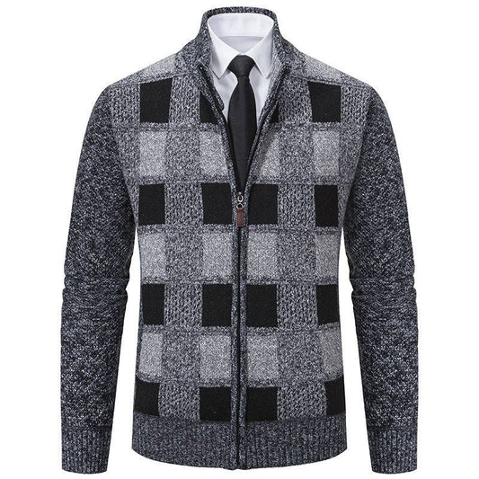 Men's New Winter Zip Up Sweater Knit Cardigan Block Print Male - Clothing Personality