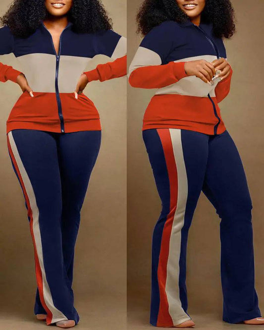Women Casual Sports Style Zipper Top Sweatpants Two Piece Set - Clothing Personality