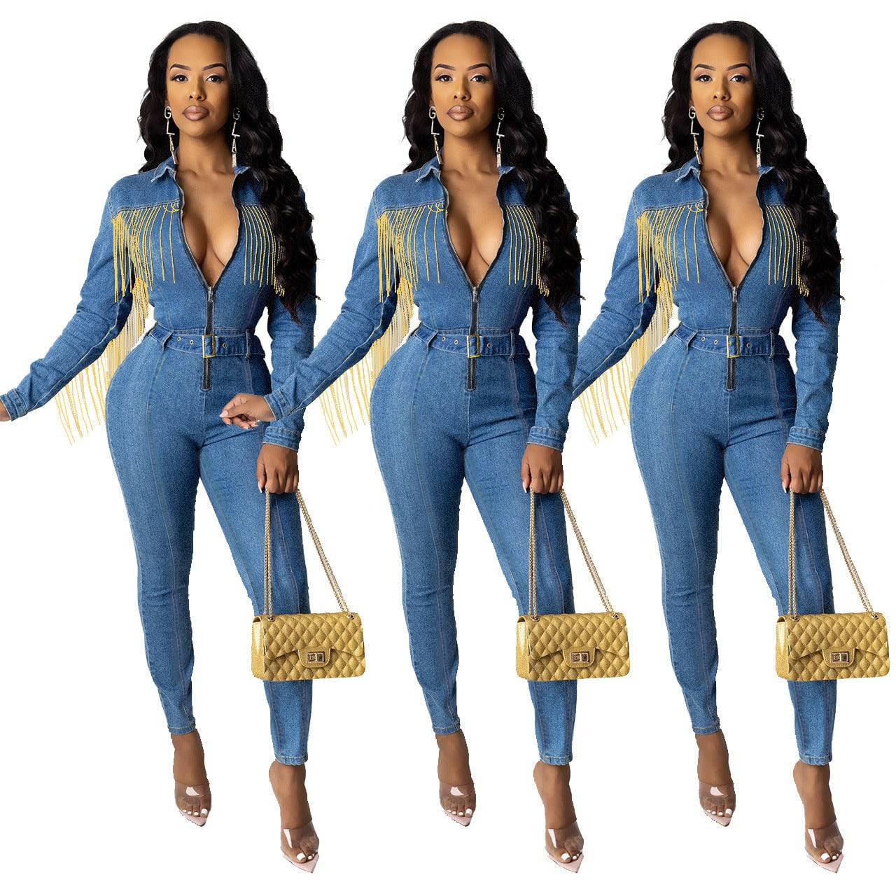 Women's Cowboy Western Fringed Sleeve Denim Jumpsuit - Clothing Personality