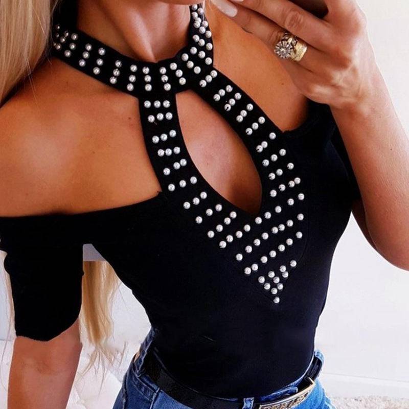 Women's Beaded Off-Shoulder Halter Top - Clothing Personality
