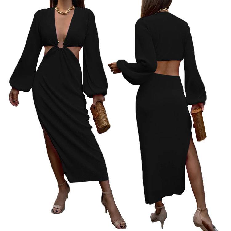 Women's Hollow Out Cut Out Waistless Long Sleeve Dress Fashion Pleated Women's Dresses - Clothing Personality