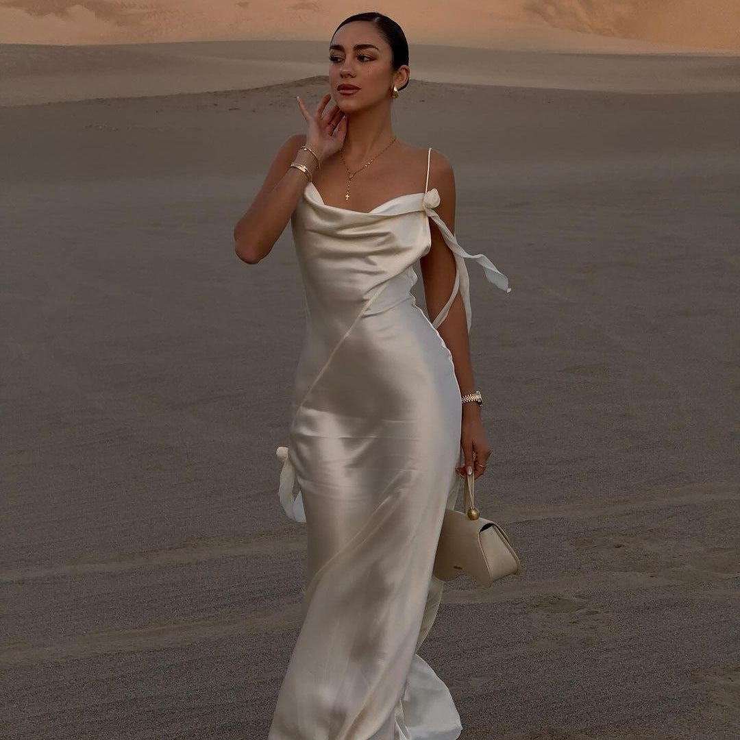 Backless Dress White Strappy Flower Decoration - Clothing Personality