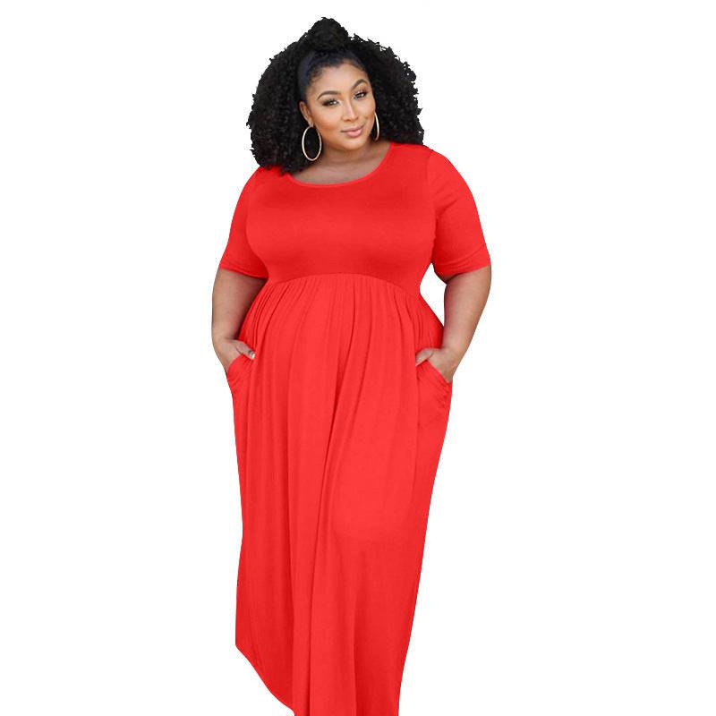 Net color pleated big swing short sleeve long large size dress - Clothing Personality