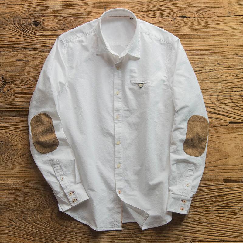 Men's Oxford Collar Button Up Long Sleeve Shirt Color Block Shirt Elbow Patch Business Casual Shirt Men's Retro in White