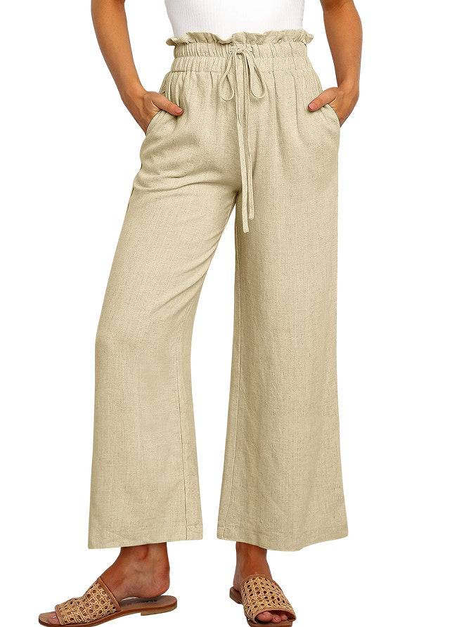 Elastic Waistband Lace-up Wide Leg Pants Solid Color Cropped Pants - Clothing Personality
