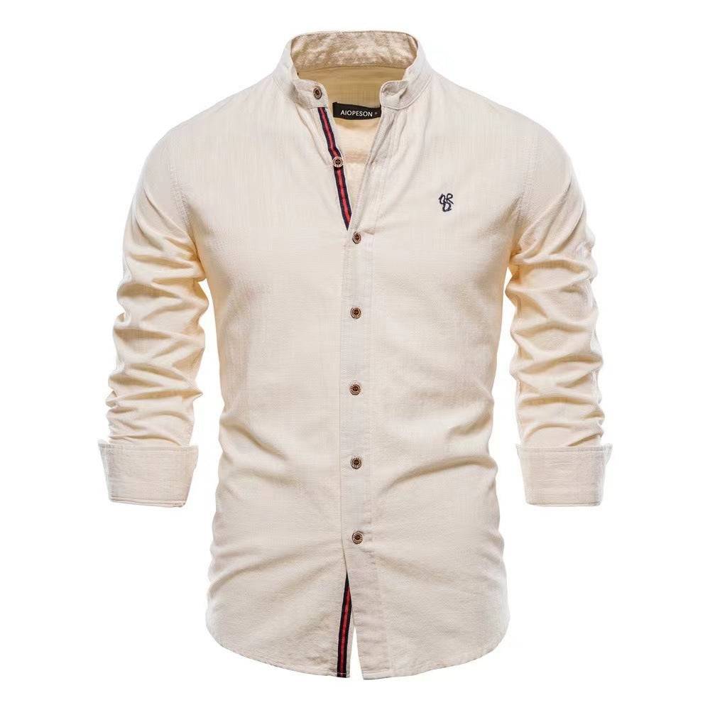 Men's Cotton And Linen Casual Fashion Solid Color Long Sleeve Henley Shirt - Clothing Personality