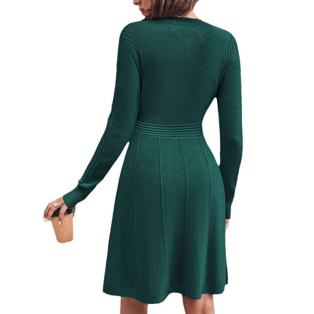 Women's Knitted Long Sleeve Knee Length Dress Fashion Slim Fit Sweater Dress - Clothing Personality