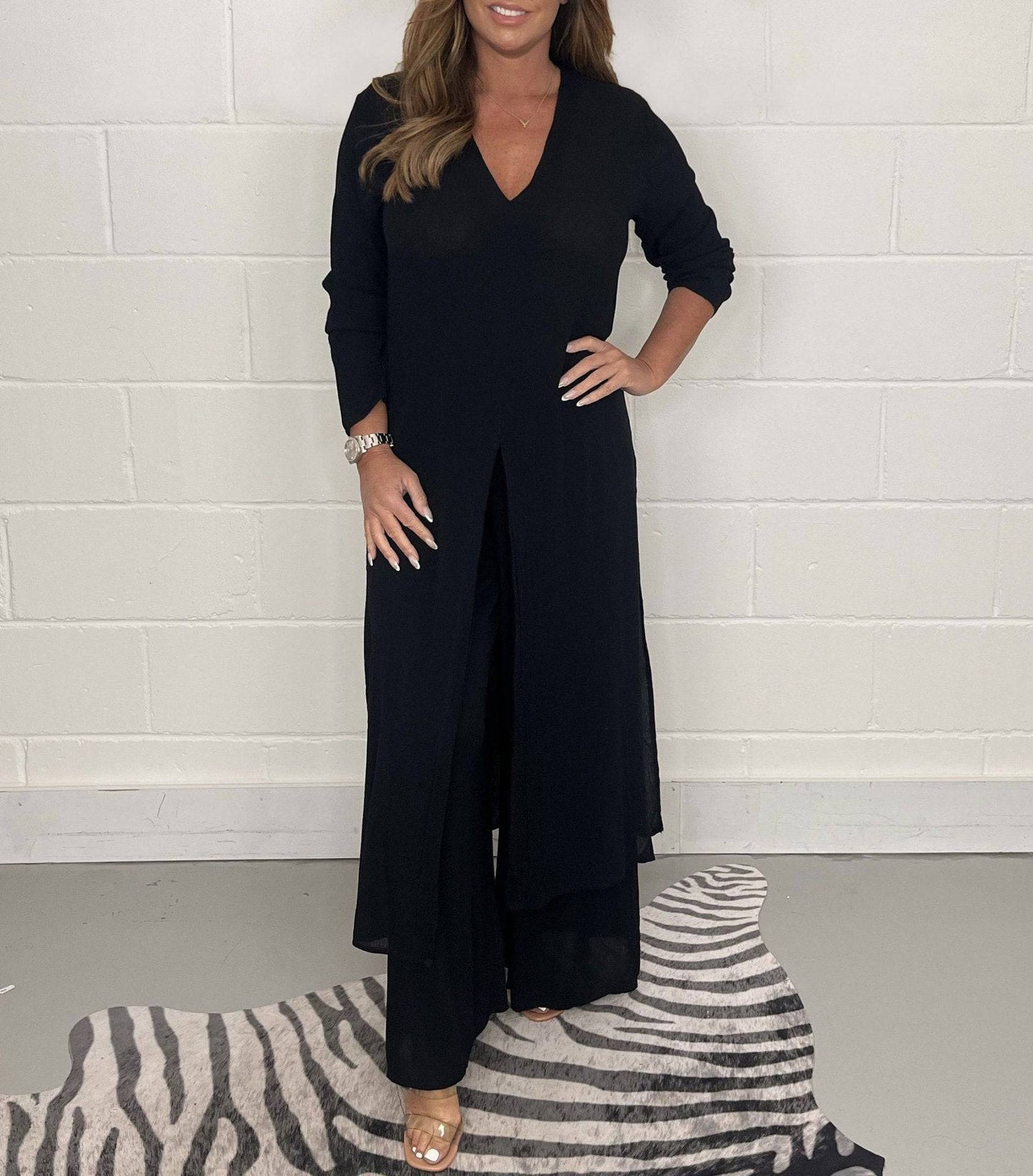 Women's Fashion Simple Solid Color Long Top Long Pants Set - Clothing Personality